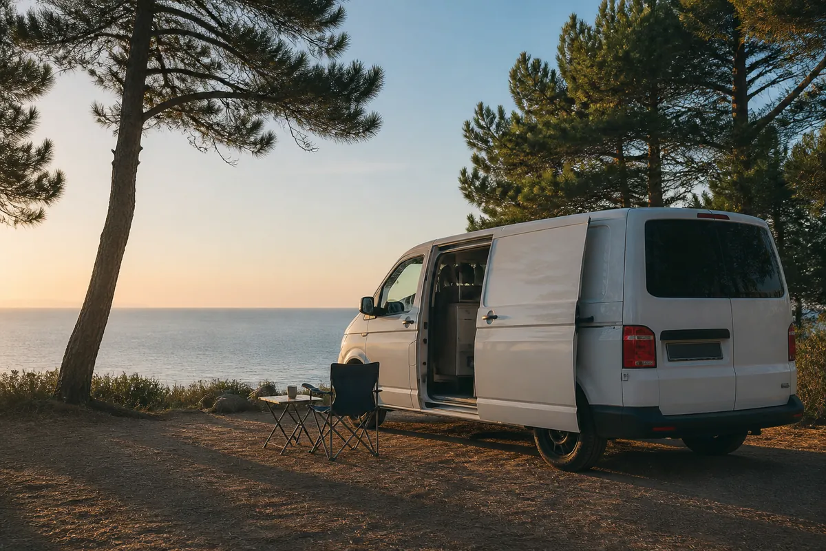 A white van parked under pines above the sea at sunset, side door open, a camp chair and small table beside it