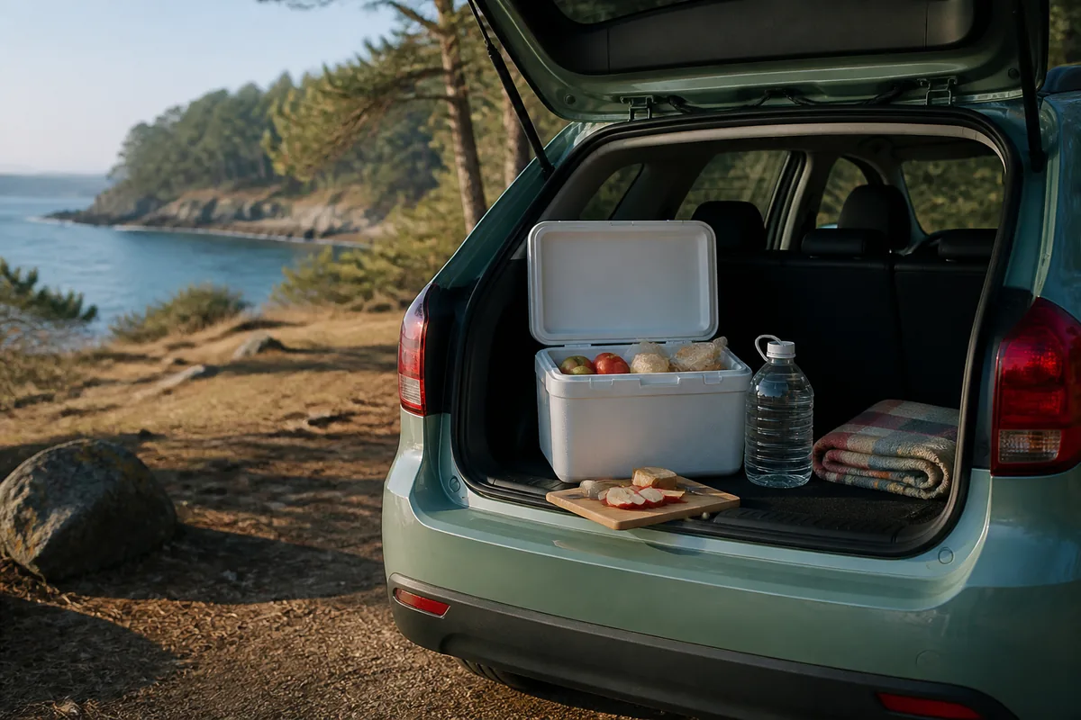 The open hatch of a sea-green car above a wooded bay, with a cooler of apples and bread, a water jug and a folded blanket inside
