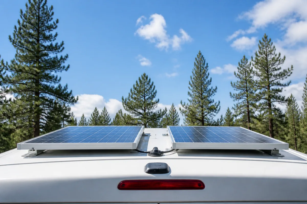 Two solar panels on the roof of a white van against pines and a blue sky